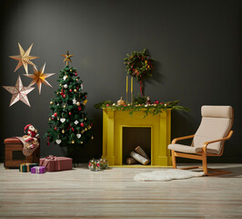 Christmas new year style in the grey room with yellow fireplace, chair gift box and ornament decoration.