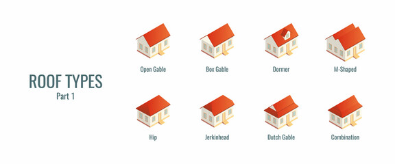 Isometric vector illustration roof types isolated on white background. Modern types of roofs icon set in flat cartoon style. Isometric houses.  © NiRain