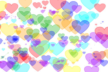 Abstract background - a bokeh of multicolored hearts on a white background.