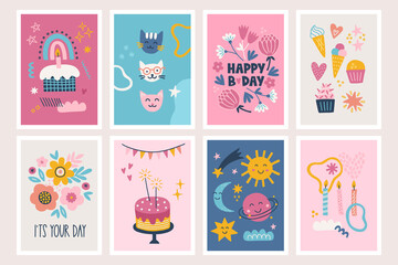 Fototapeta na wymiar Birthday cards with cake, rainbow, cat, ice cream, muffin, heart