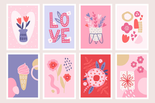 Valentine's Day cards with flowers, ice cream, donut, leaves, pot