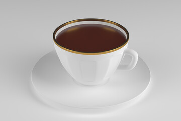 Porcelain cup with tea on a plain light background 3d rendering
