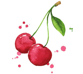 Fresh ripe sweet cherry watercolor illustration - 482824122