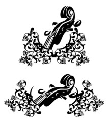 elegant violin neck and pegbox among rose flowers heraldic decor - classical music emblem black and white vector design set