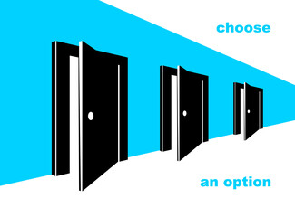 Different doors half open symbolizes diversity of variants and choosing alternate options vector illustration 3d modern poster style.
