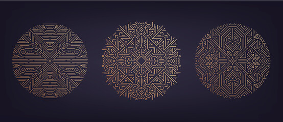 Vector set of art deco linear circles, round borders, decorative design templates. Creative template in classic retro style of 1920s. Use for packaging, advertising, as banner. - obrazy, fototapety, plakaty