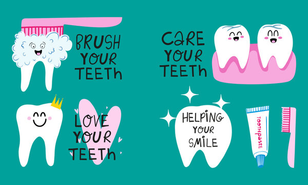 Fototapeta A collection of hand-drawn inscriptions about oral care. A set of stickers -brush your teeth, care your teeth, love your teeth, helping your smile. Unique elements of vector design.