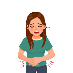 Young woman suffering from stomachache, diarrhea, indigestion problem, abdominal pain, food poisoning, nausea, gastritis or bloating. - obrazy, fototapety, plakaty