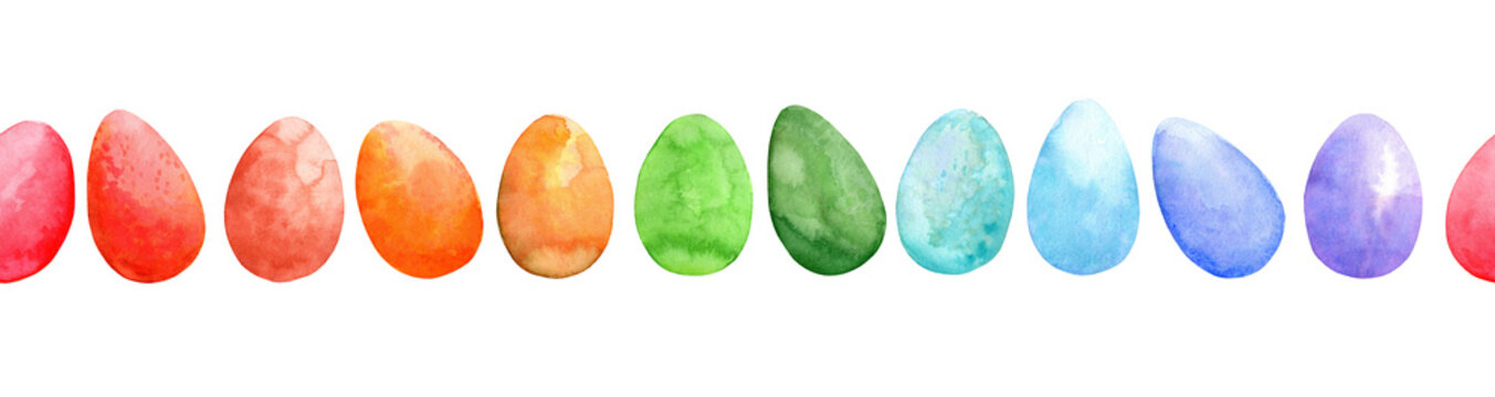 Seamless border colored Easter eggs. Hand drawn watercolor illustration on white background. Rainbow egg garland.