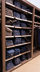 Neat stacks of folded jeans of different sizes on the of different sizes shop shelves fashion mall