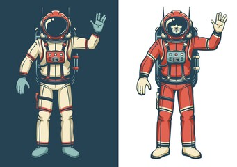 Astronaut in spacesuit waves his hand. Cosmonaut shows the Vulcan salute. Vector retro illustration. - obrazy, fototapety, plakaty