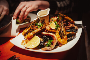 Gourmet seafood - prawns, octopus, clams, mollusk, mussels with wine sauce on a table with red tablecloth. Festive dinner for two at a Portuguese cuisine restaurant.