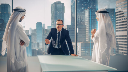 International Business Consultant Advises on Financial Strategy Plan to Successful Arab Company Owners with use of AR Technlolgy. Multicultural Meeting in Modern Office. Template for Using AR Concept.