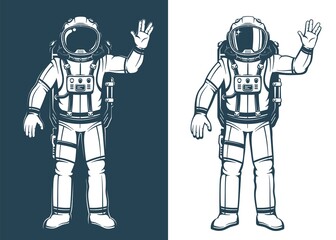 Cosmonaut shows the Vulcan salutation hand gesture. Astronaut in spacesuit waves his hand. Vector retro illustration.