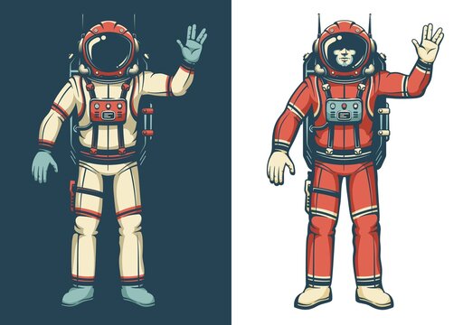 Astronaut in spacesuit waves his hand. Cosmonaut shows the Vulcan salute. Vector retro illustration.