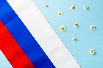 Daisies on the background of the flag of Russia