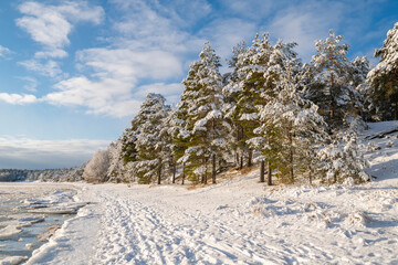 Lappohjanranta recreation area in winter, coast and sea, Hanko, Finland