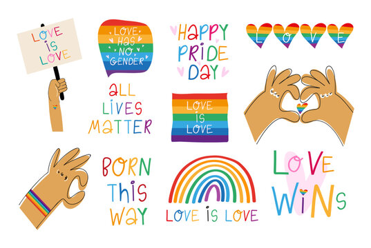Fototapeta A collection of hand-drawn inscriptions about the LGBT movement. A set of stickers - love is love, love has no gender, love will win. Unique elements of vector design. Quotes and concepts of the LGBT 