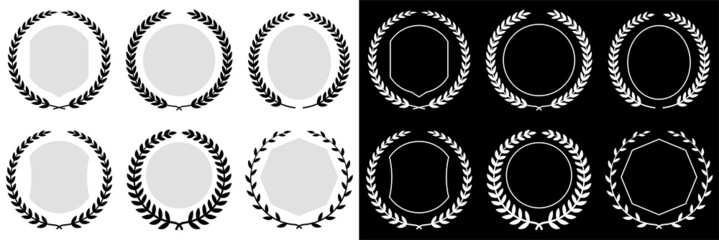 Vector wreaths and shields logos isolated on white and black