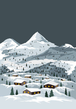 Snowy winter village in the mountains. Seasonal vector illustration of natural landscape with small homes and fir trees woodland.
