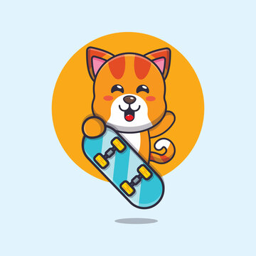 cute cat mascot cartoon character with skateboard
