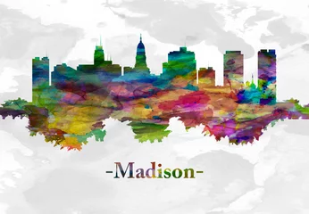 Peel and stick wall murals Watercolor painting skyscraper Madison Wisconsin skyline