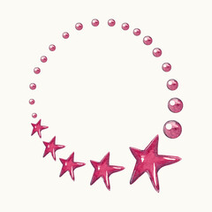 Frame made of watercolor stars and beads. Red stars of different sizes. Crescent from dragees. Ideal for holiday decor, weddings, birthdays, invitations, certificates, greetings, business cards 