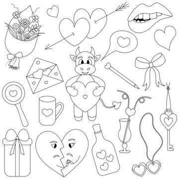 Valentine day. Sketch. Set of vector illustrations. Doodle style. Love collection. Coloring book for children. Biting the lip, a bouquet of flowers, an envelope, a key, love. A group of cute images. 