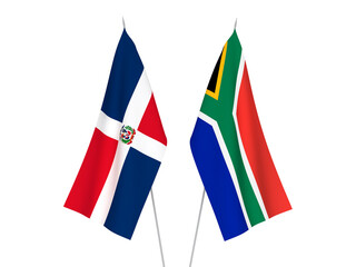 National fabric flags of Republic of South Africa and Dominican Republic isolated on white background. 3d rendering illustration.