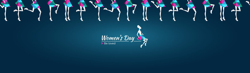 Obraz premium Seamless border, woman's day banner of colorful girl silhouettes in different poses. Set of Women stencils with crystals on blue background. Vector illustration for card, logo, kids fashion, decor.