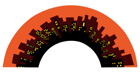 アーチ型をした夕焼け空の街並みのイラスト