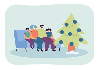 Husband, wife and children looking at Christmas tree. Mother, father, son and daughter sitting on sofa together flat vector illustration. Family, winter holidays concept for banner or landing web page