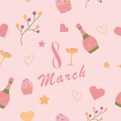 Pink pattern for 8 march with glasses, champagne bottle and cupcake