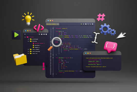 Programmer developer typing script source languages coding symbols  icon development project data programming software engineering IT technologies computer. 3d rendering.