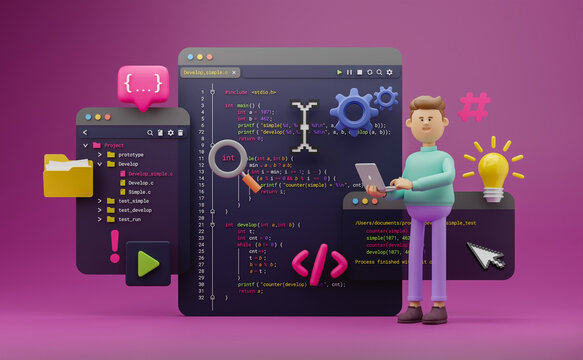 Programmer developer typing script source languages coding symbols  icon development project data programming software engineering IT technologies computer. 3d rendering.