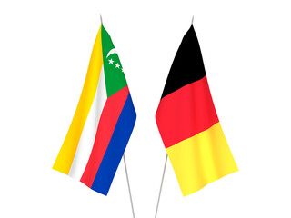 National fabric flags of Belgium and Union of the Comoros isolated on white background. 3d rendering illustration.