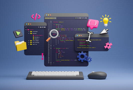 Programmer developer typing script source languages coding symbols  icon development project data programming software engineering IT technologies computer. 3d rendering.