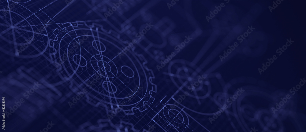 Fototapete Blueprints engineer technician design drawing mechanical gear engineering Engine factory Industry Industrial technology project abstract presentation cover banner background. 3d rendering.