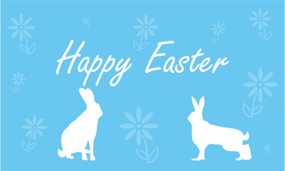 Obraz premium Easter bunnies on a blue background.Happy Easter card, banner. Trendy Easter design with typography, pastel colors. Modern minimal style. Horizontal poster, greeting card