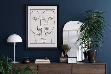 Creative composition of modern living room interior design with mockup poster frame, wooden...