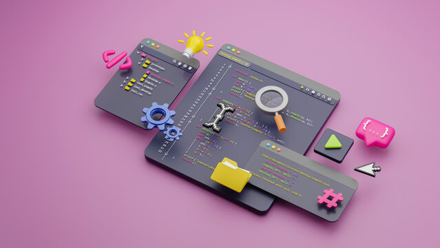 Programmer developer typing script source languages coding symbols  icon development project data programming software engineering IT technologies computer. 3d rendering.