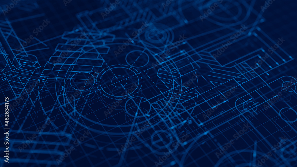 Fototapete Blueprints engineer technician design drawing mechanical gear engineering Engine factory Industry Industrial technology project abstract presentation cover banner background. 3d rendering.