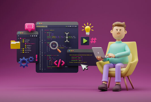 Programmer developer typing script source languages coding symbols  icon development project data programming software engineering IT technologies computer. 3d rendering.