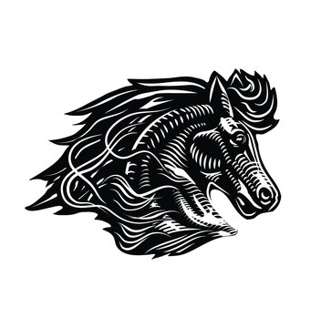 Vector black and white illustration of a horse. Muzzle of a horse with a mane. Beautiful stallion, horse, foal. 