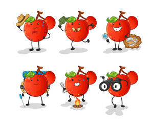 cherries adventure group character. cartoon mascot vector