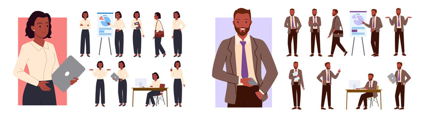 Cartoon office worker character showing business presentation on lecture, man employee with beard holding phone and laptop, walking isolated on white, Businesswoman poses set, girl manager
