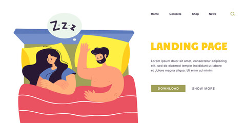 Top view of couple sleeping in bed flat vector illustration. Sad wife having problems with sleep because of her husbands snoring. Apnea, insomnia, noise concept