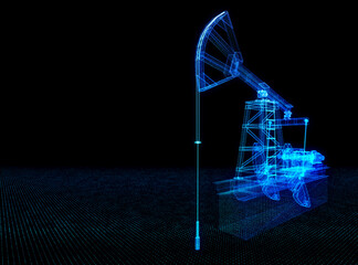 Oil pump jack under. Oil rig energy industrial machine for petroleum. Nodding donkey. Blue lines form Oil pump jack. 3d rendering.