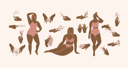 Vector illustration - female hands in different gestures and female silhouettes in a lingerie.
