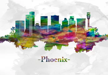 Velvet curtains Watercolor painting skyscraper Phoenix Arizona skyline